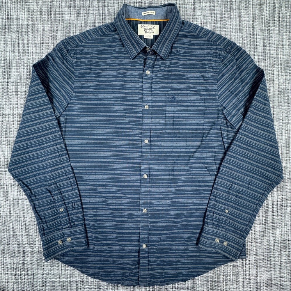 Original Penguin Heritage Slim Fit Shirt Mens XL Blue Striped Cotton Button Up